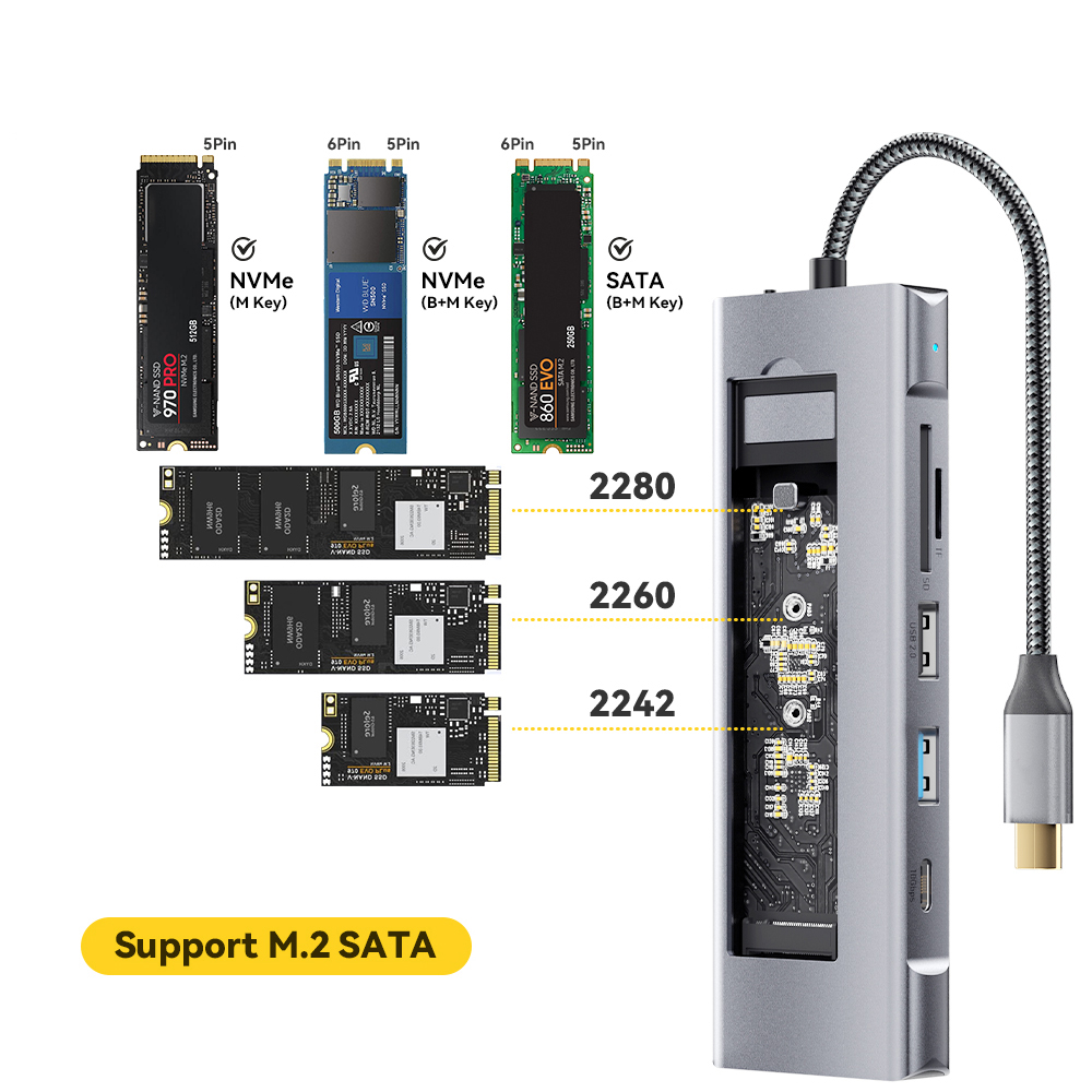 8-in-1 USB Hub With Disk Storage Function SSD M.2 SATA NVME USB Type C to HDMI-Compatible Docking Station For Macbook Air M1 M2. 