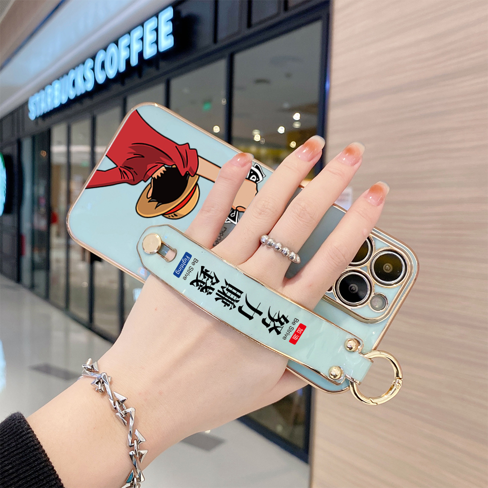 TA for iPhone 13 Pro Max Wrist Strap Back Cover Struggle Luffy Fashion Luxury 6D Plating Soft Casing Silicone Square Frame Phone Case. 