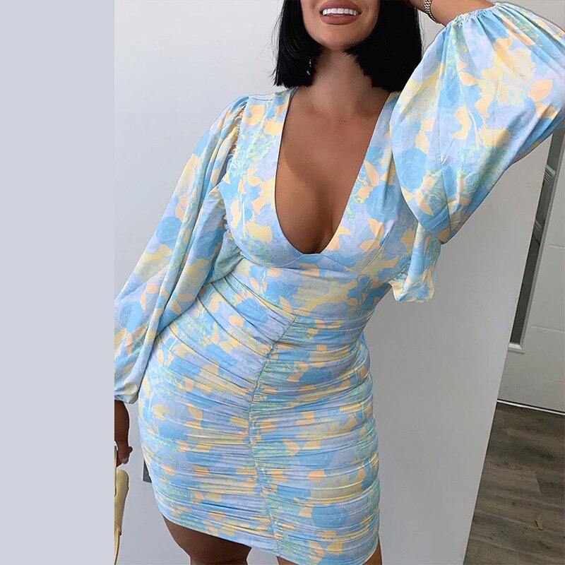 Long Lantern Sleeve Ruched Dress 