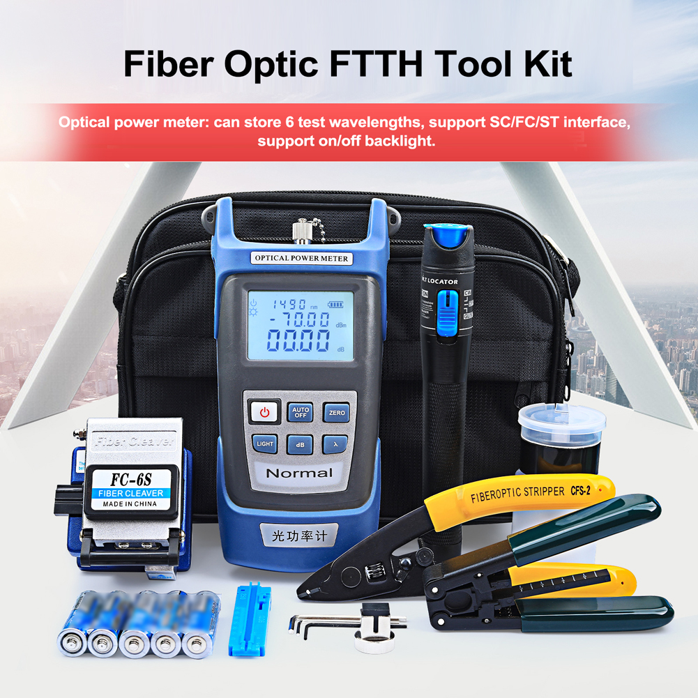 KOGEEK Fiber Optic FTTH Tool Kit Optical Power Meter Fiber Cleaver Wire Stripper Optical Fiber Cold Connection Tools Set with Storage Bag. 
