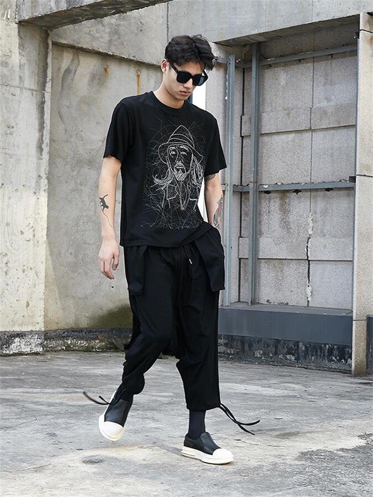 Men Drop Crotch Pants Autumn New Yamamoto Leg Pull Rope Design Loose Leisure Large Size Men Nine Minutes Pants. 