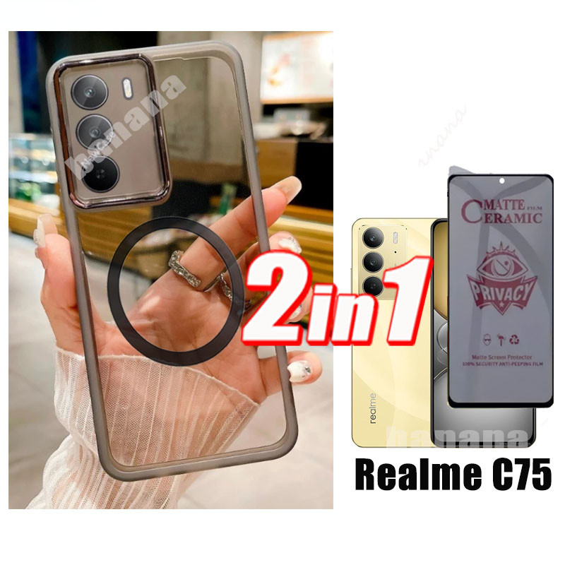 2 in 1 Relme C75 Shockproof Phone Case With Ring Iron Sheet Magnet Relame Note 60 50 C63 C61 Anti-Spy Privacy Tempered Glass