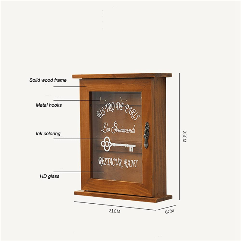 Wooden Key Box, Retro, Wall, Key Cabinet with Magnetic Door, Durable Solid Wood Storage with 6 Hooks Easy Install. 