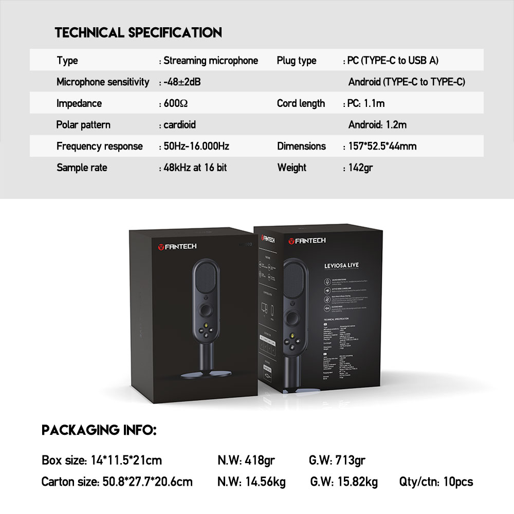 FANTECH LEVIOSA MCX02 Live Streaming USB Microphone For Gaming Streaming With Pop Filter Shock Mount & Gain Control. 