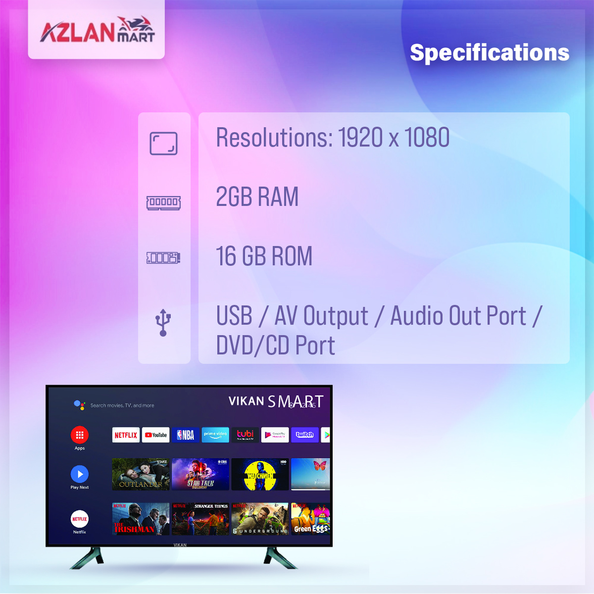 Vikan 43'' 4K Supported Android Smart Wi-Fi Television Hd Led Tv 4k Supported Ram 2 gb Rom 16 gb. 