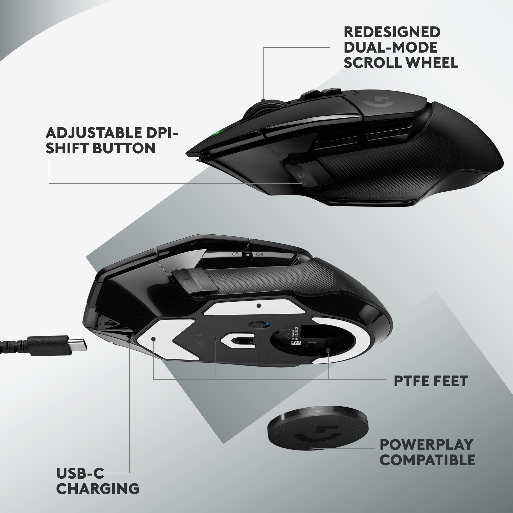 Logitech G502 X Lightspeed Wireless Gaming Mouse - Optical Mouse with LIGHTFORCE Hybrid Optical-Mechanical switches, Hero 25K Gaming Sensor, Compatible with PC/macOS/Windows - Black. 