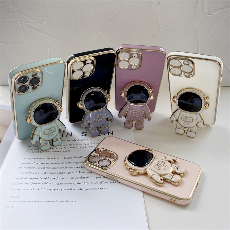 UCUC for Samsung Galaxy A73 5G Back Cover + Free Lanyard Creative Cute Astronaut Folding Bracket Luxury 6D Plating Case Soft Silicone Square Phone Cases. 