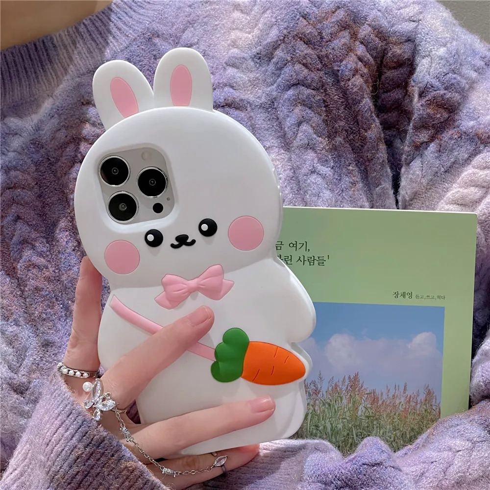 【Pioneer Gong】3D Cartoon Backpack Carrot Rabbit Lovely Bunny Soft Silicone Cover Phone Case For iPhone 11 12 12Pro 12ProMax 13 14 Pro Max Capa. 