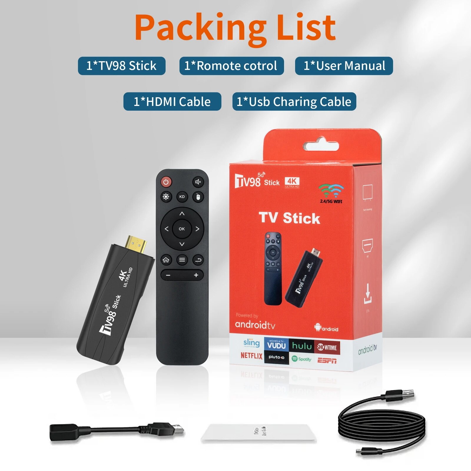 TV98 Mini TV Stick Android 12.1 4K Android TV Box 2.4G/5G Dual WiFi H.265 2GB 16GB Smart Media Player TV Receiver Set Top Box. 