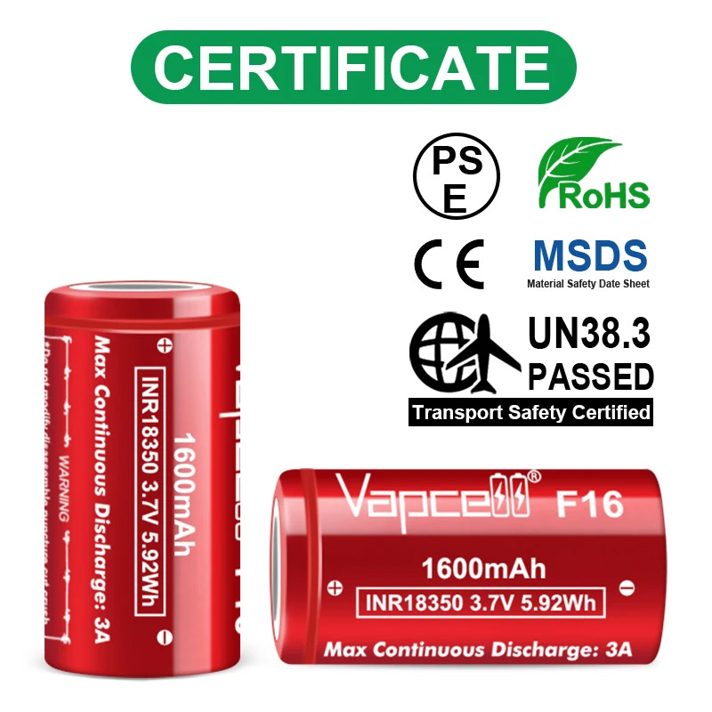 Original Vapcell F16 INR 18350 Battery 1600mAh 3A 3.7V Highest Capacity 18350 Lithium Ion Battery Flat Top For Flashlight Camera. 