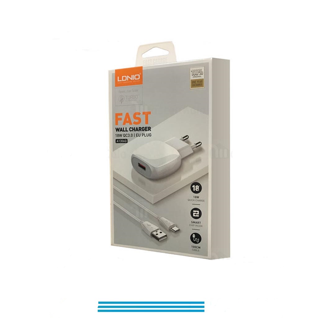 For Samsung Galaxy M01 A01 A7 A7 (2016) J8 J7 J5 7 Prime J5 Prime J7 Pro  LDNIO A1306Q (ORG) QC3.0 EURO Plug 1 USB Port 18W (Max) Fast Charger + Micro USB Data Charging Cable. 