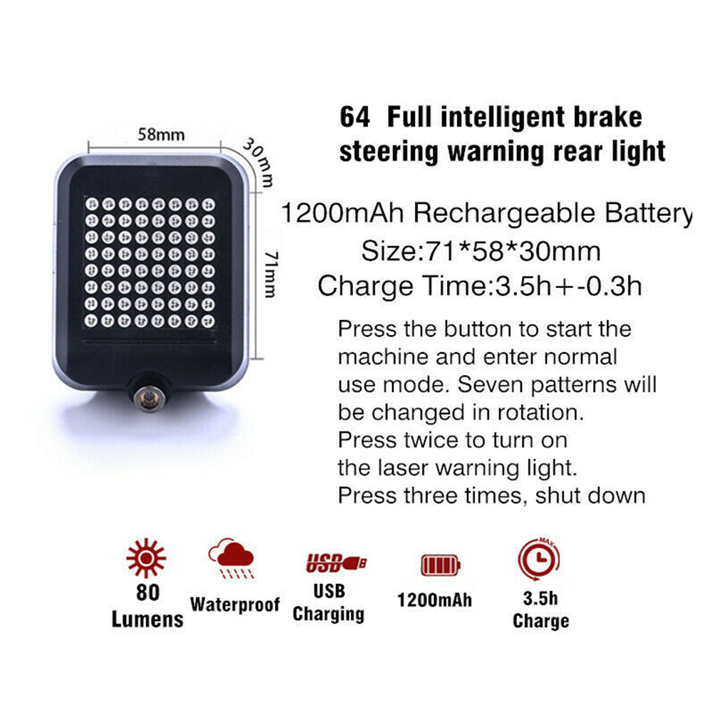 64 LED Bicycle Turn Signals Light Automatically Rear Laser Bike Tail Light USB Charging. 