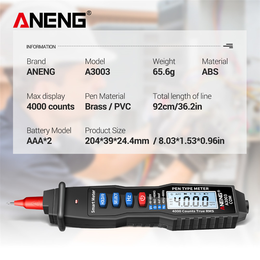 ANENG A3003 Multimeter Pen Type Meter 4000 Counts Non Contact Black. 