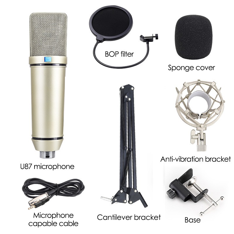 U87 Condenser Microphone For PC Phone Large Diaphragm Condenser Microphone with Foldable Stand POP Filter For Vocal Record Live Karaoke Mic Microphone. 