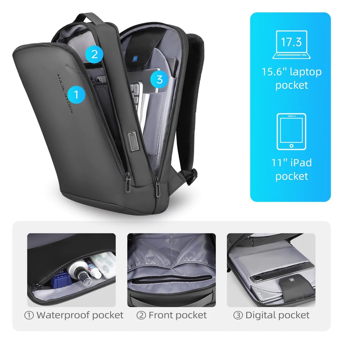 Mark Ryden MR-9008 15.6 inches Laptop Backpack Waterproof Frabic with USB Charging Interface Separate Dry & Wet Layer Design. 