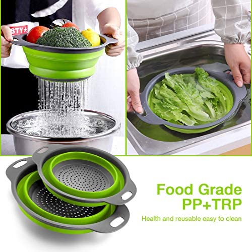 Collapsible Colander, Set Of 2 Round Silicone Sink Kitchen Strainer Set Folding Water Filter Basket with Handles for Draining Pasta, Vegetable and Fruit