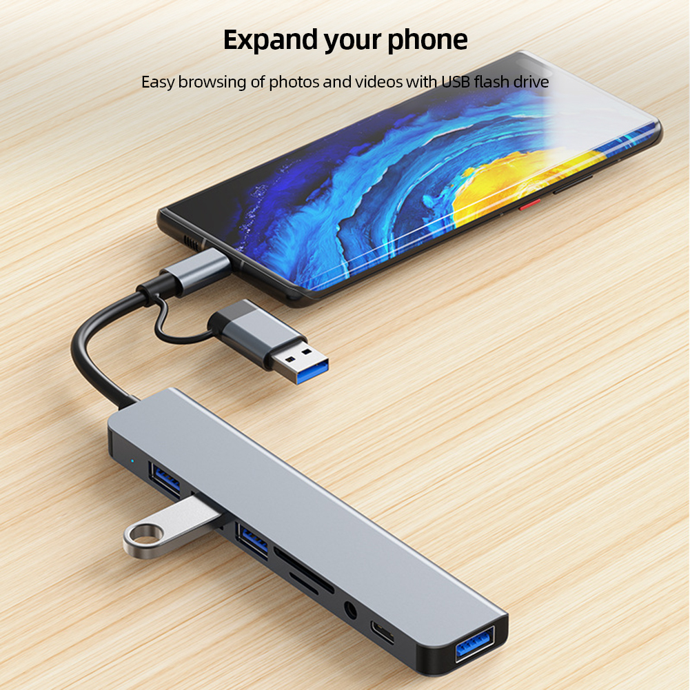 8 IN 1 USB C Hub to 3.5mm Jack Earphone Adapter Type C to USB 3.0 2.0 SD TF Card Reader Docking Station For Macbook Huawei. 
