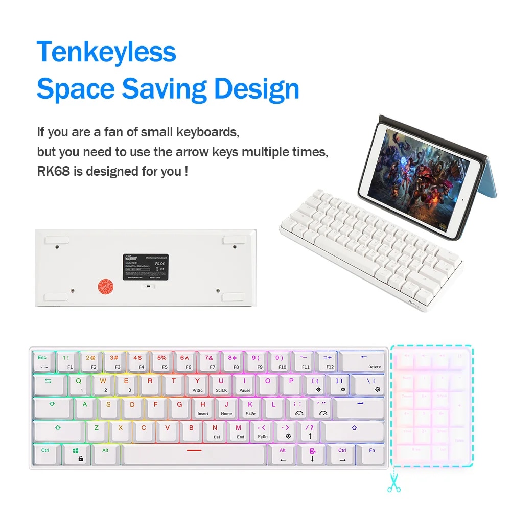 RK Royal Kludge RK61 2.4G Wireless Bluetooth Mechanical Keyboard Tri-mode 61 Keys RGB Backlit Mini Hot-swappable Gamer Keyboard. 