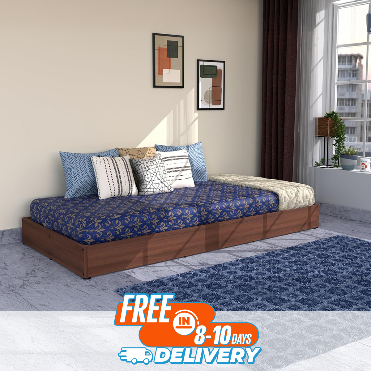 Nice Furniture Engineered Wood  Floor Bed/Cot/Diwan/Palang Storage for Living Room, Drawing Room & Bedroom |   Wooden Single & Double Floor Bed, Walnut Finish