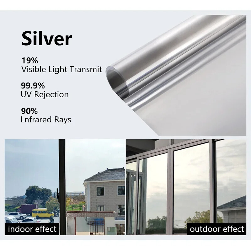 Silver Window Film Privacy One Way Mirror Glass Tint Heat Control Sun UV Blocking Sliding Door Tinting Reflective Static Cling for Home. 
