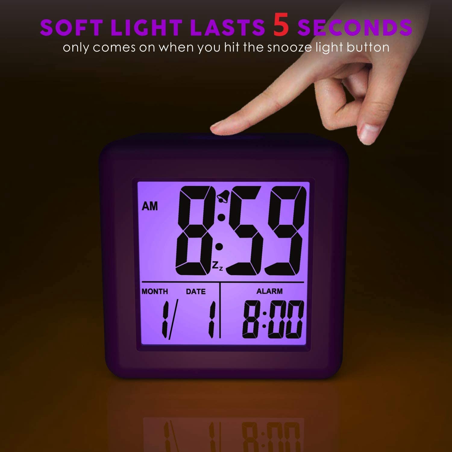 Digital Alarm Clock with Snooze LED Night Light for Bedroom,Small Desk Bedside Travel Clocks Display Time Date,Purple. 