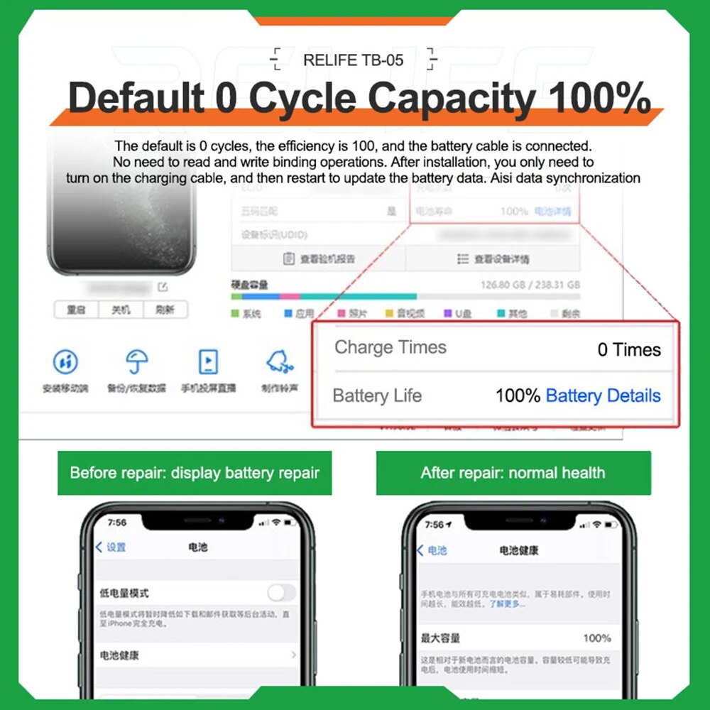 RELIFE TB-05 Battery Repair Programmer For iPhone XS 11 12 13 14 Pro Max Battery Flex Cable Data Cycles Recovery Instrument Tool. 