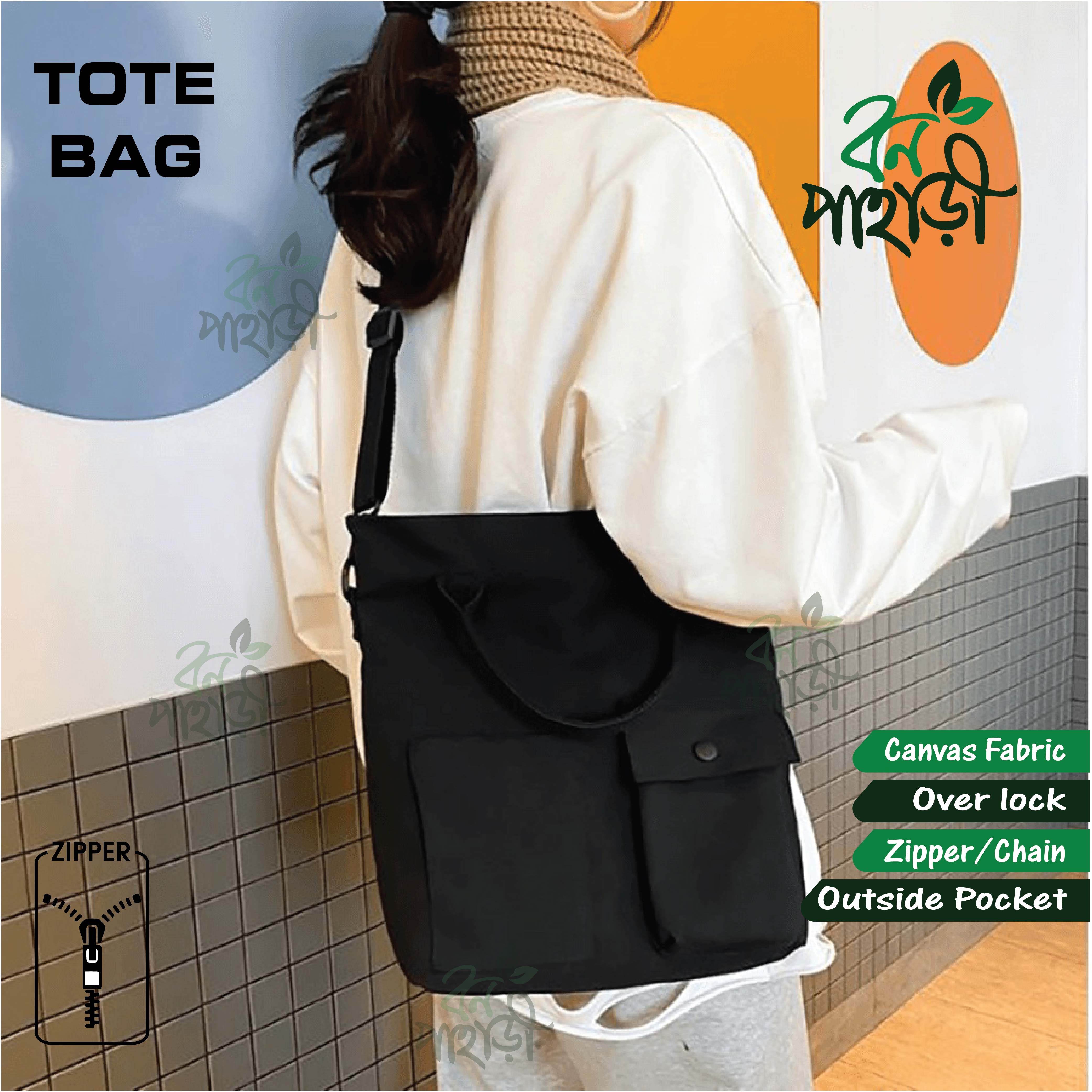 Trendy Top Handle Adjustable Long Strap With 2 Outside Pocket Black Tote Canvas Bag/Fashionable Bag/College/ University Bag, Tote Bag, Canvas Bag with Zipper
