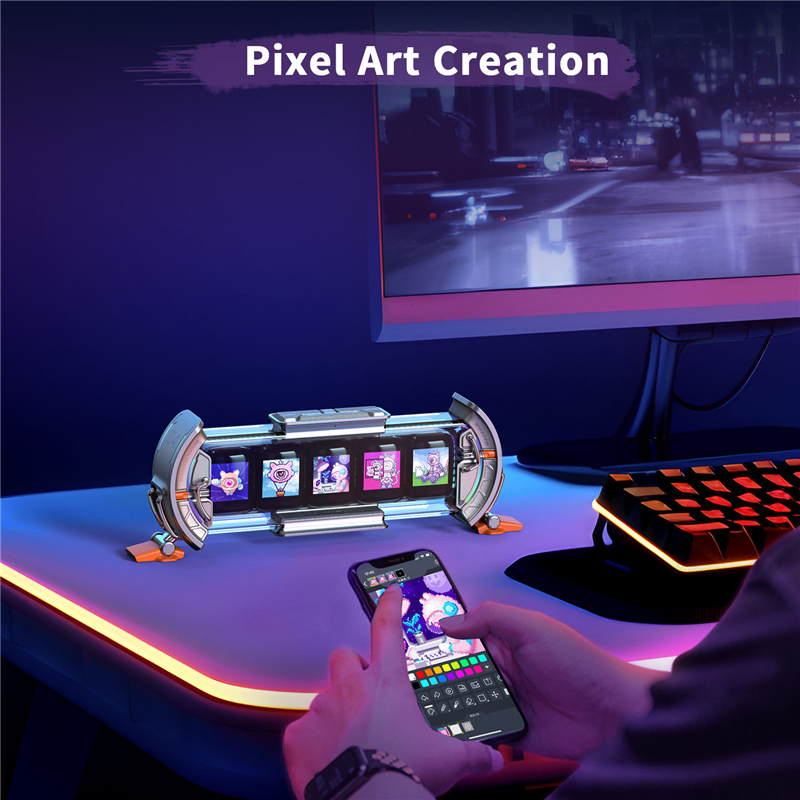Times Gate Pixel Art Gaming Setup Clock Kit with Smart App Control, 128X128 IPS Screen Display Perfect Home Desktop Decor Set -A. 