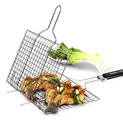 New Portable Barbecue BBQ Grill Net Basket Roast Grilling Tray Chromium Plated with Wooden Handle (Big). 