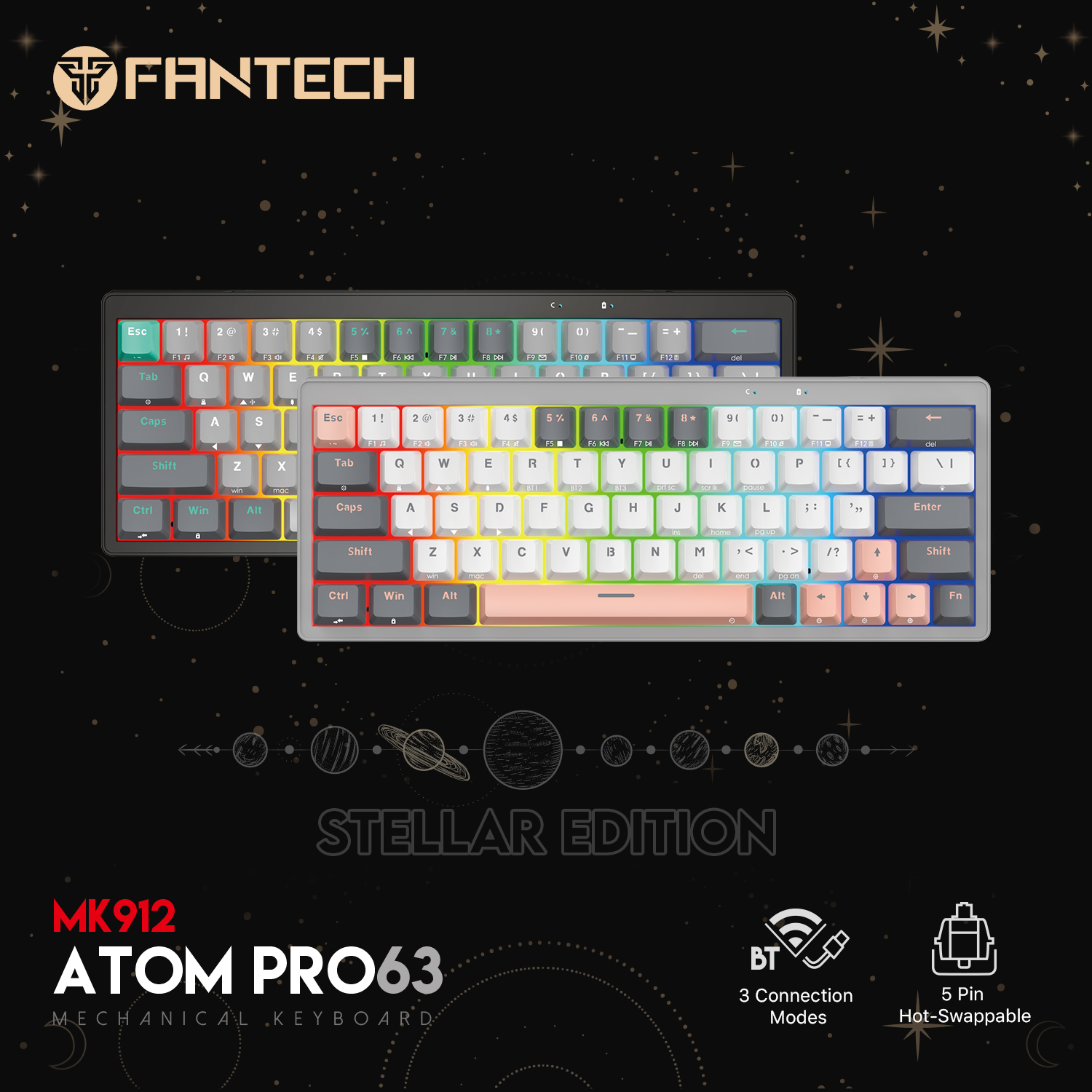 FANTECH MK912 ATOM PRO63 RGB Mechanical Gaming Keyboard Mercury Black & Saturn Grey Layout Red Switch & Blue Switch