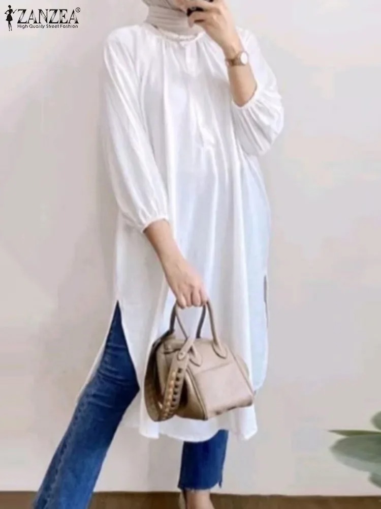 Women 3/4 Sleeve Split Hem Long Shirt Autumn Abaya Hijab Tops Tunic Fashion Islamic Clothing Solid Muslim Blouse. 