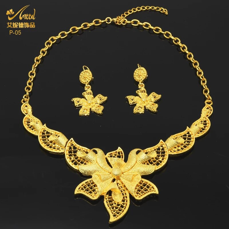 Indian Gold Plated Jewelry Set For Women African Bridal 24K Gold Color Necklace Earrings Set Dubai Nigerian Wedding Wholesale. 