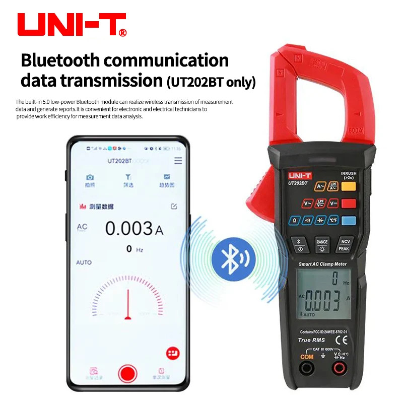 Unit-t new digital clamp meter ut202s ut202 BT Bluetooth connection 600A AC/DC current voltage 9999 counts TRMs NCV ammeter. 