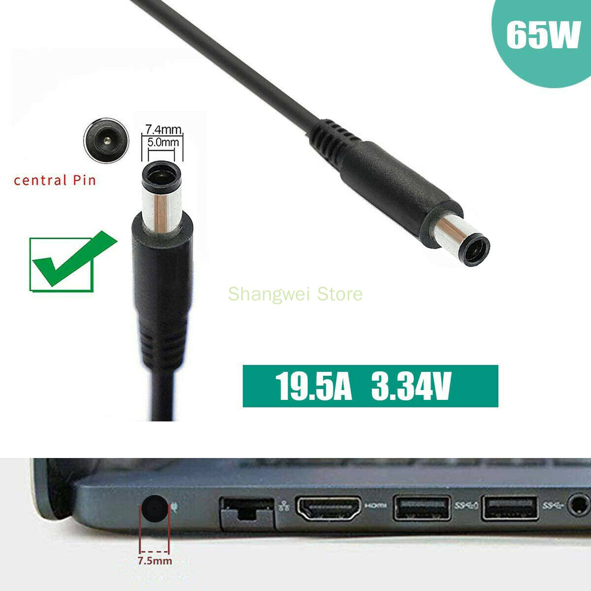 Laptop Power Adapter Charger for Dell Inspiron 15R-5520 15R-5521 15R-5537. 