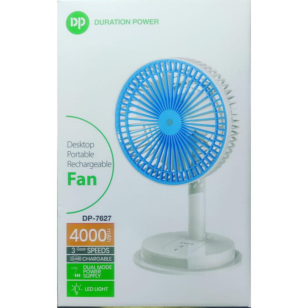 DP 7627 (RECHARGEABLE PORTABLE USB FAN with led light) 4000mah 15 hours long battery backup. 