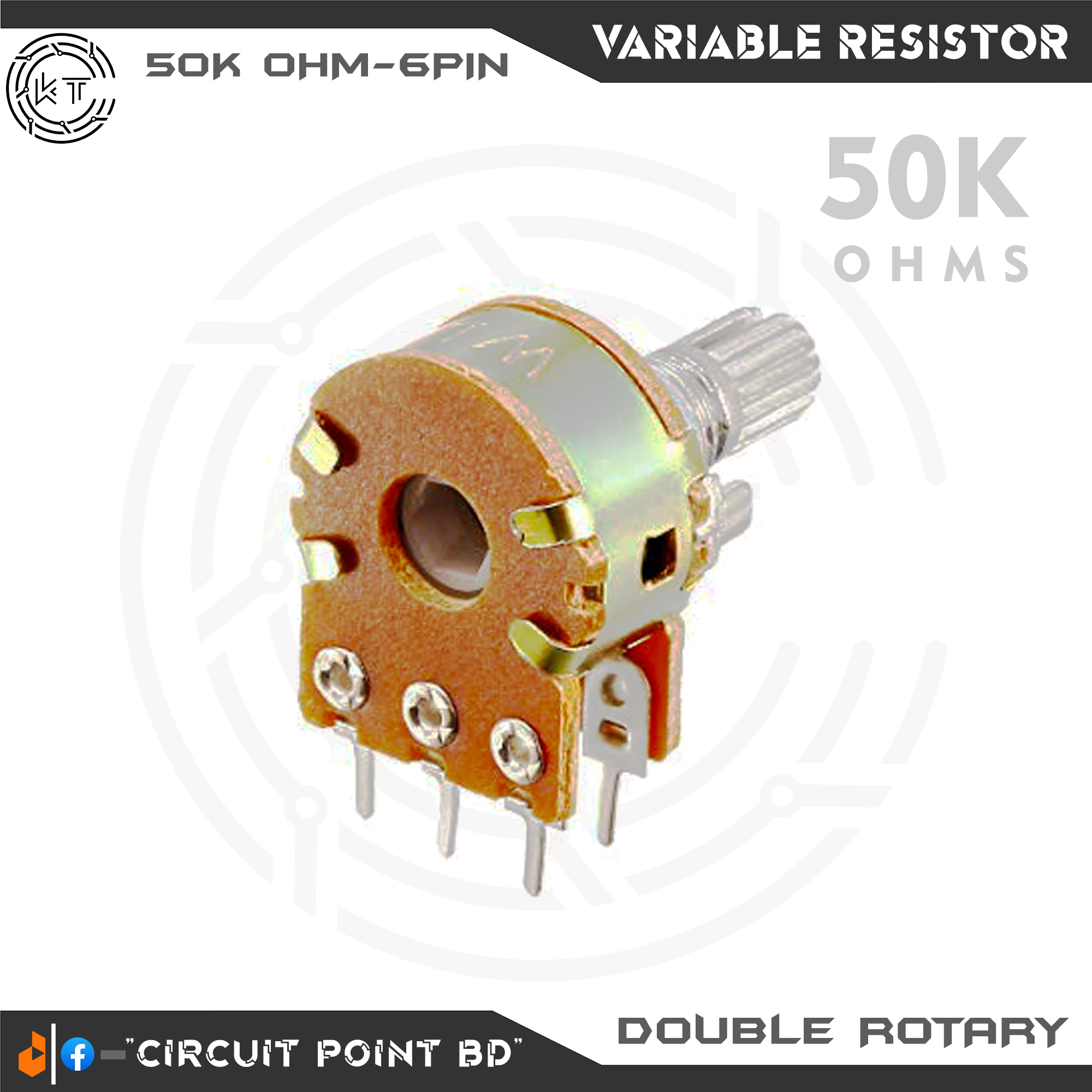 50K Ohm 2Pcs Pack Double Layer Variable Resistor / Potentiometer 6 Pin Dual Gang Linear Taper, Rotary, Adjustable Variable Resistor / Potentiometer For Electric & Electronics.. 