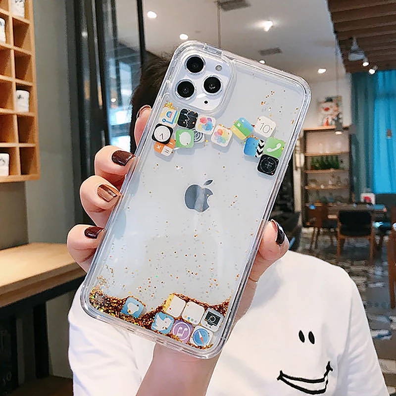 Dynamic Quicksand phone Case for iphone 14 13 12 11 Pro Max 6s 7 8 Plus X XR XS Max SE Cute Apps Icon Liquid Glitter Clear Cover. 