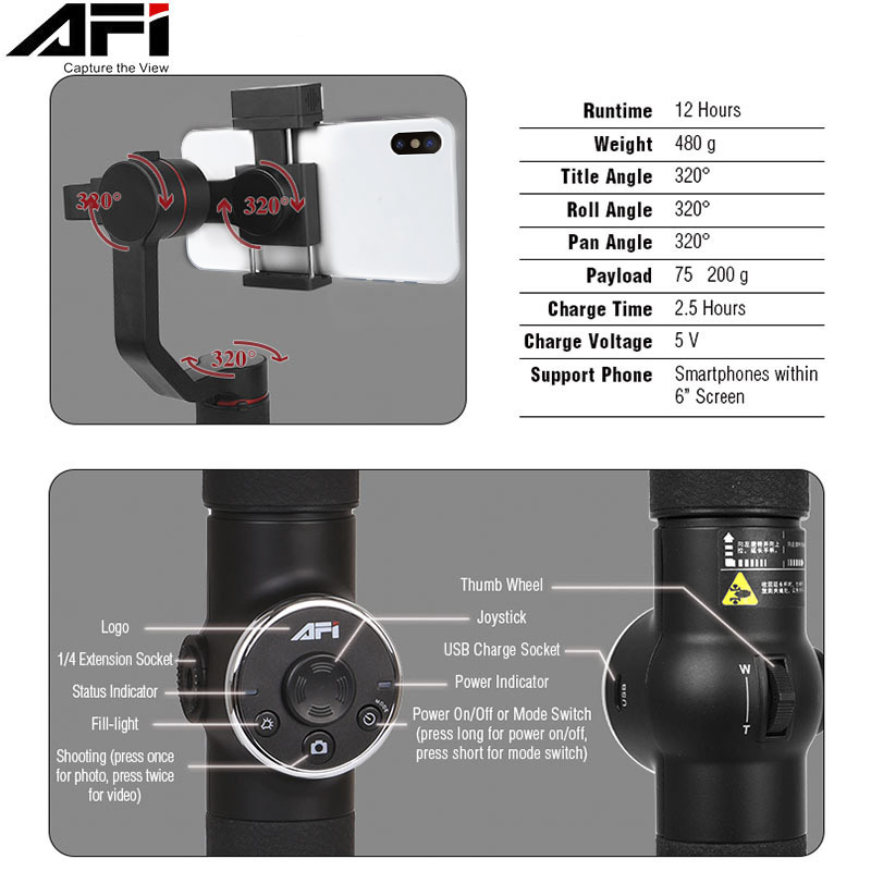 AFI Handheld Gimbal Smartphone Stabilizer 3-Axis Selfie Stick Gopro Action Camera, Cell Phone Tracking Gimbal For Tiktok or Volg. 