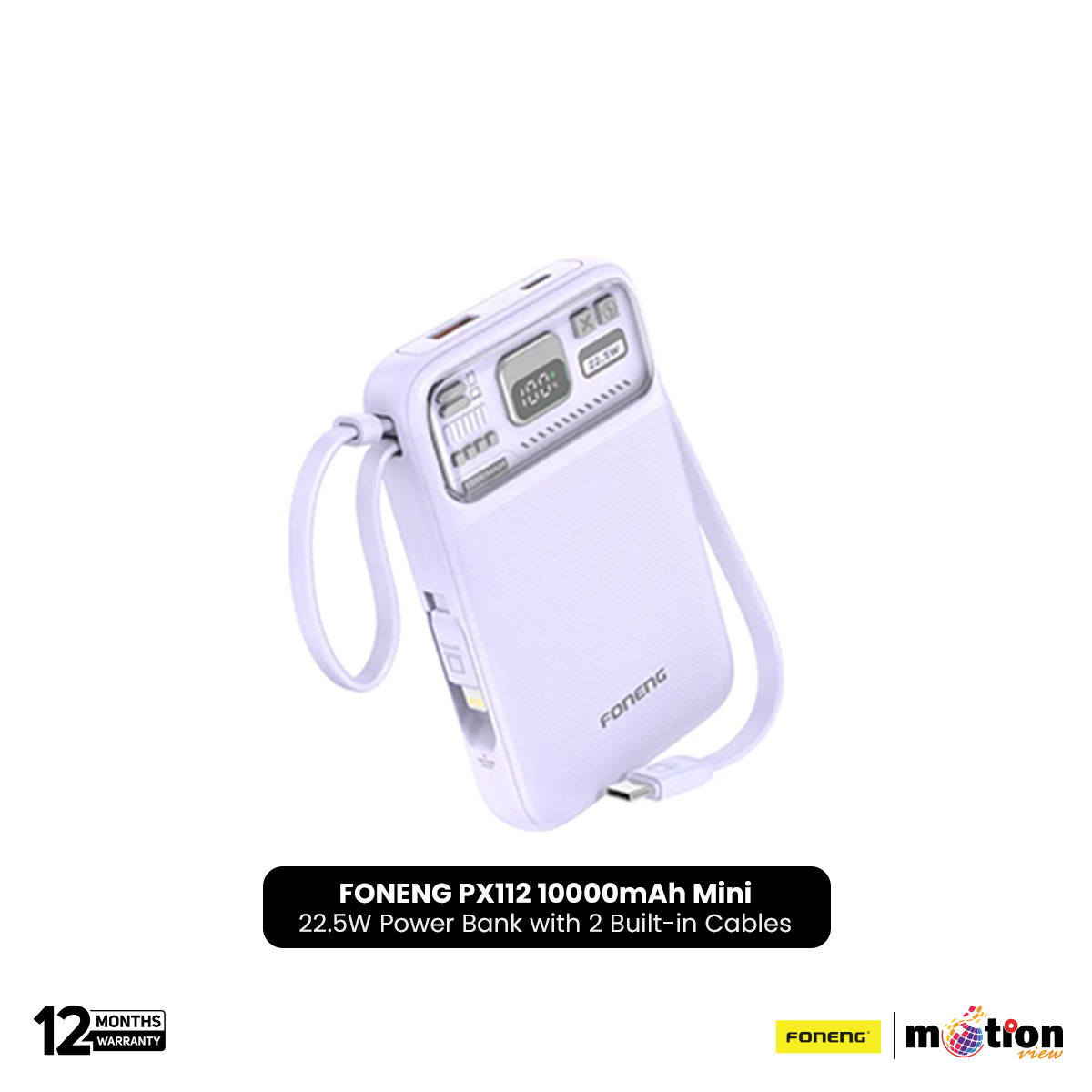 FONENG PX112 10000mAh Mini 22.5W Magnetic Wireless Power Bank with 2 Built-in Cables. 
