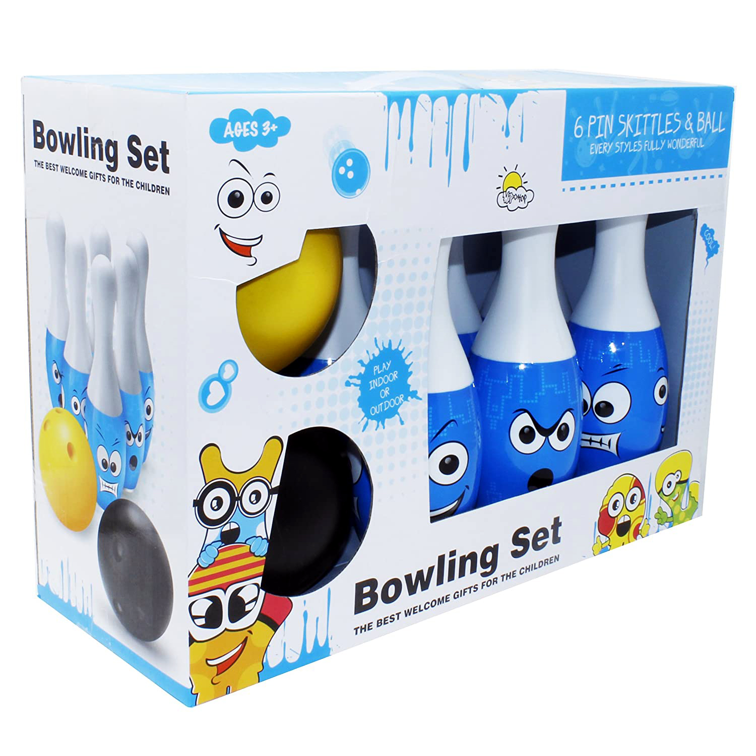 Bowling Set Toy with Emoji drawing for Kids ( Bowling Game Set 6 Bottles & 2 Balls ). 