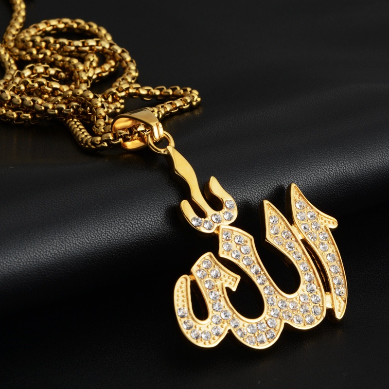 Vintage Muslim Islam Pendant Necklaces Stone Crystal Chain Necklace Religious Jewelry Men. 