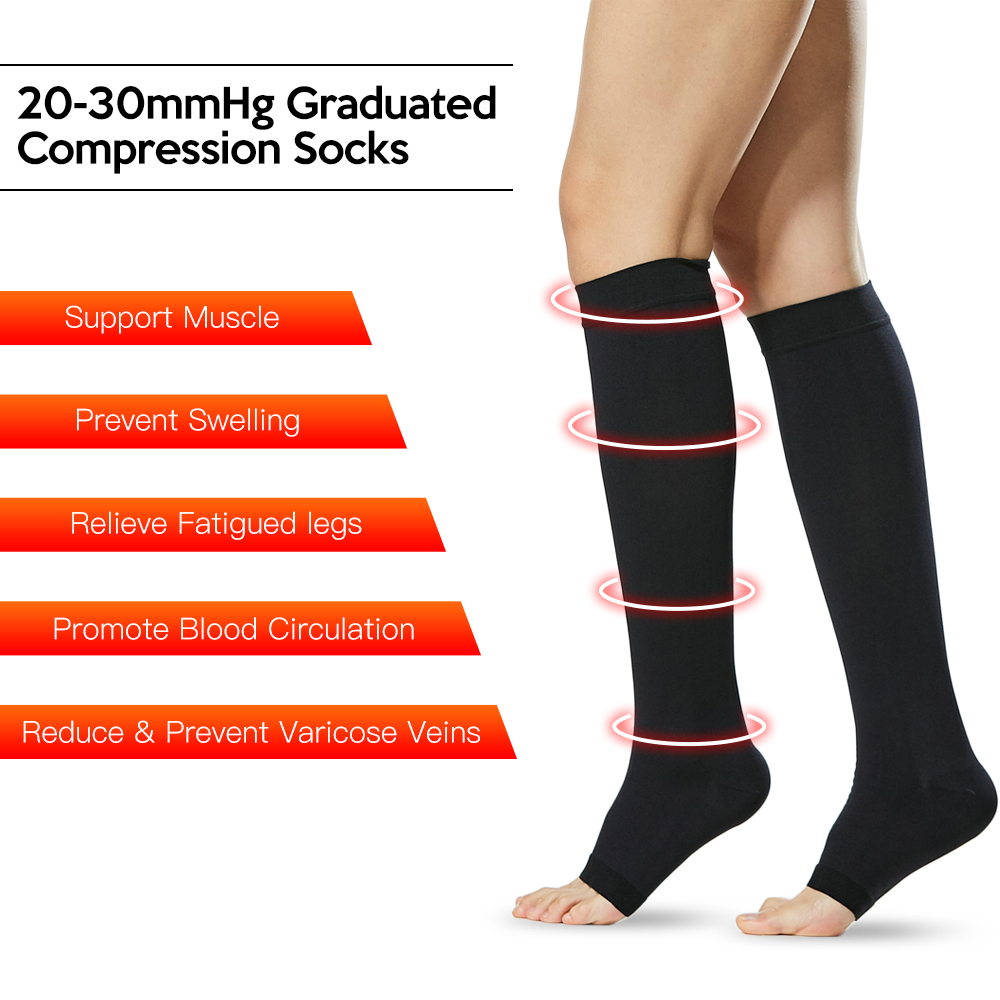 1 Pair Compression Socks Men Women 20-30mmHg Open Toe Compression