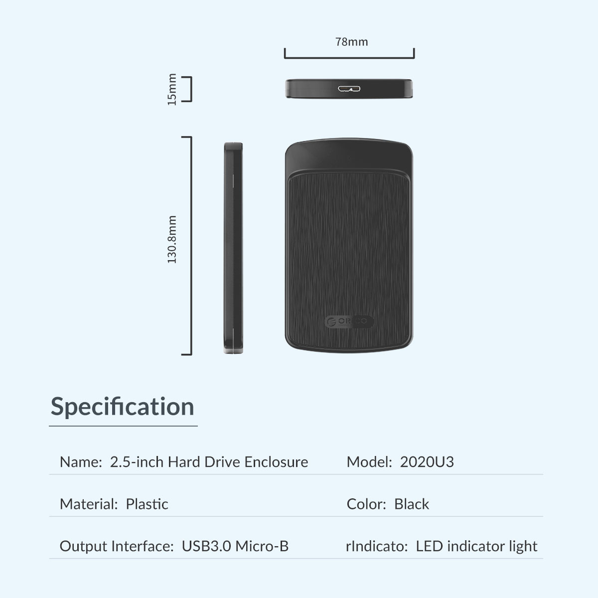 ORICO 2020U3 Plastic USB3.0 2.5 inch SATA SSD Hard Drive Case Support 4TB Mobile External HDD Enclosure Box High Speed. 