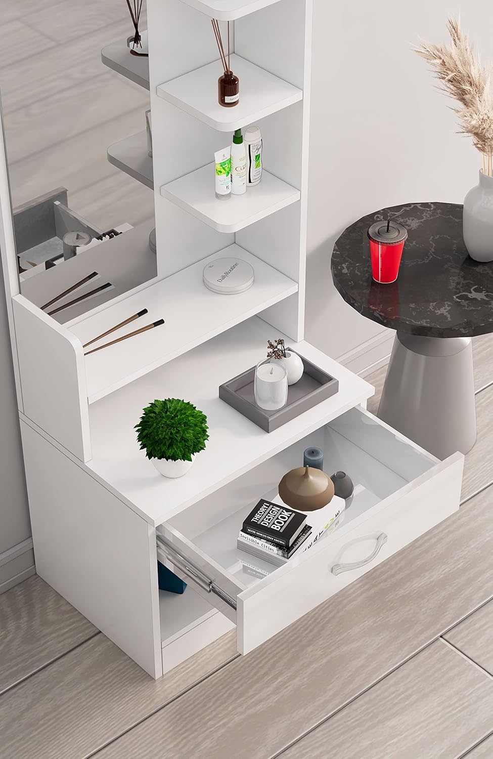 Bniture Dressing Table for Bedroom with 1 Drawer, Mirror and Huge Storage Space | Long Dresser Vanity Table with Mirror | 5 Year Warranty(Frosty White)72/24. 