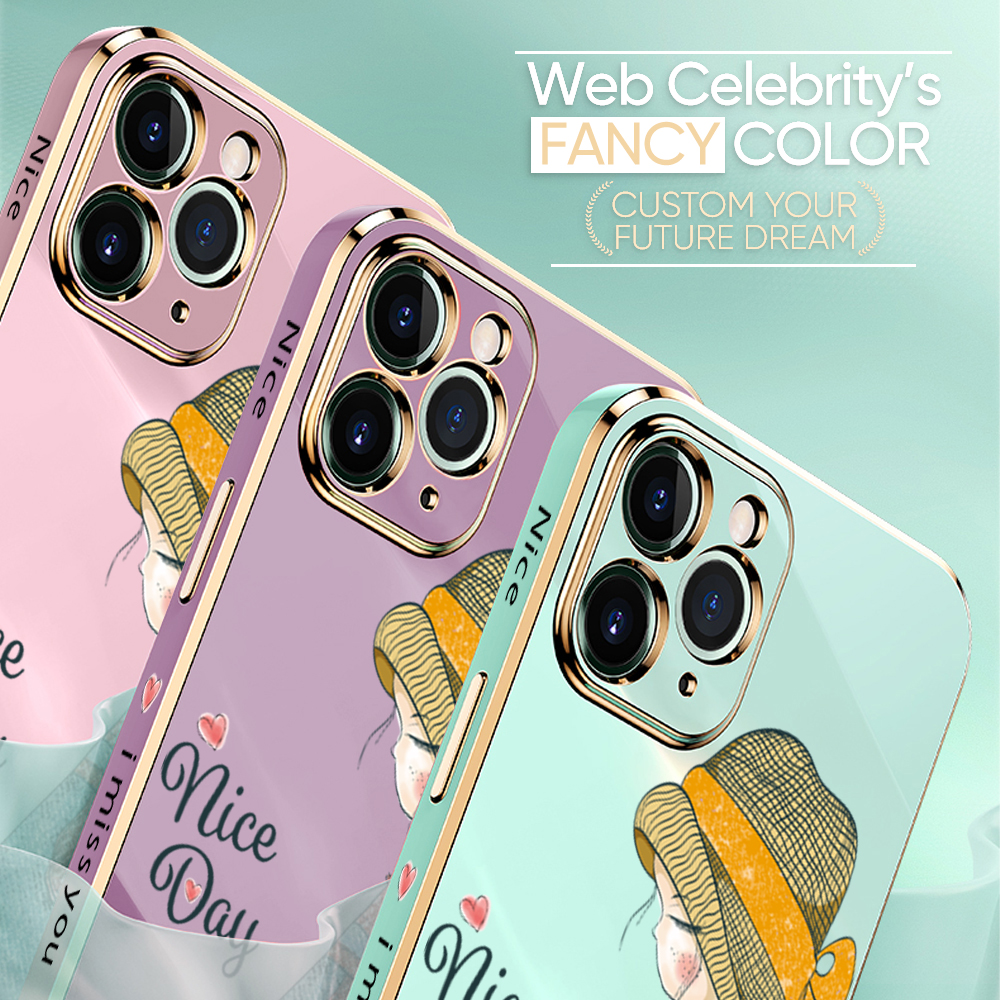 For OnePlus 9 Back Cover Luxury 6D Plating Lovly Girl Side Pattern Soft Silicone Square Mobile Phone Case. 