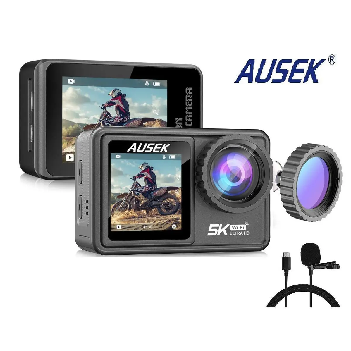 Ausek 5K AT-S81TR Waterproof Dual Display Touch Screen Microphone Supported Sports Action Camera