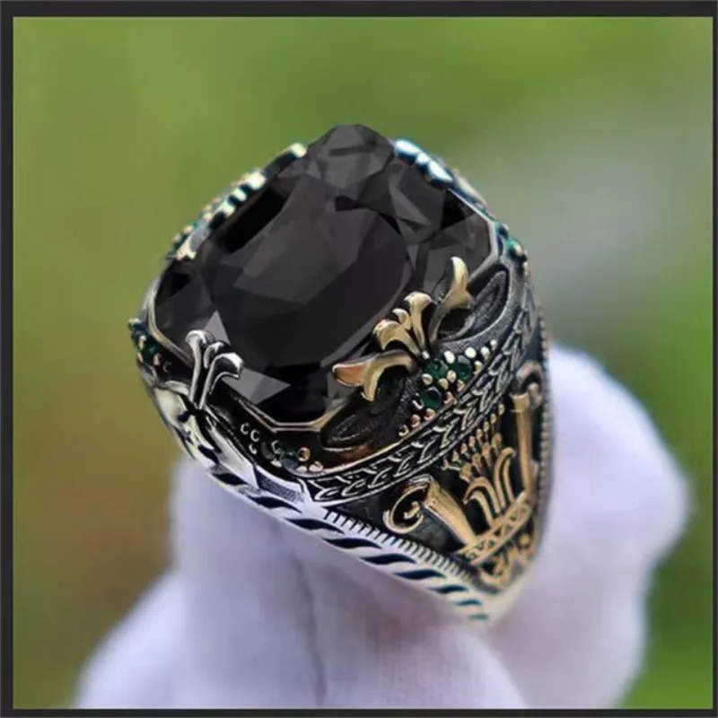 Retro Handmade Turkish Signet Rings for Men Ancient Silver Color Carved Ring Mystic Zircon Inlay New Punk Motor Biker Ring. 