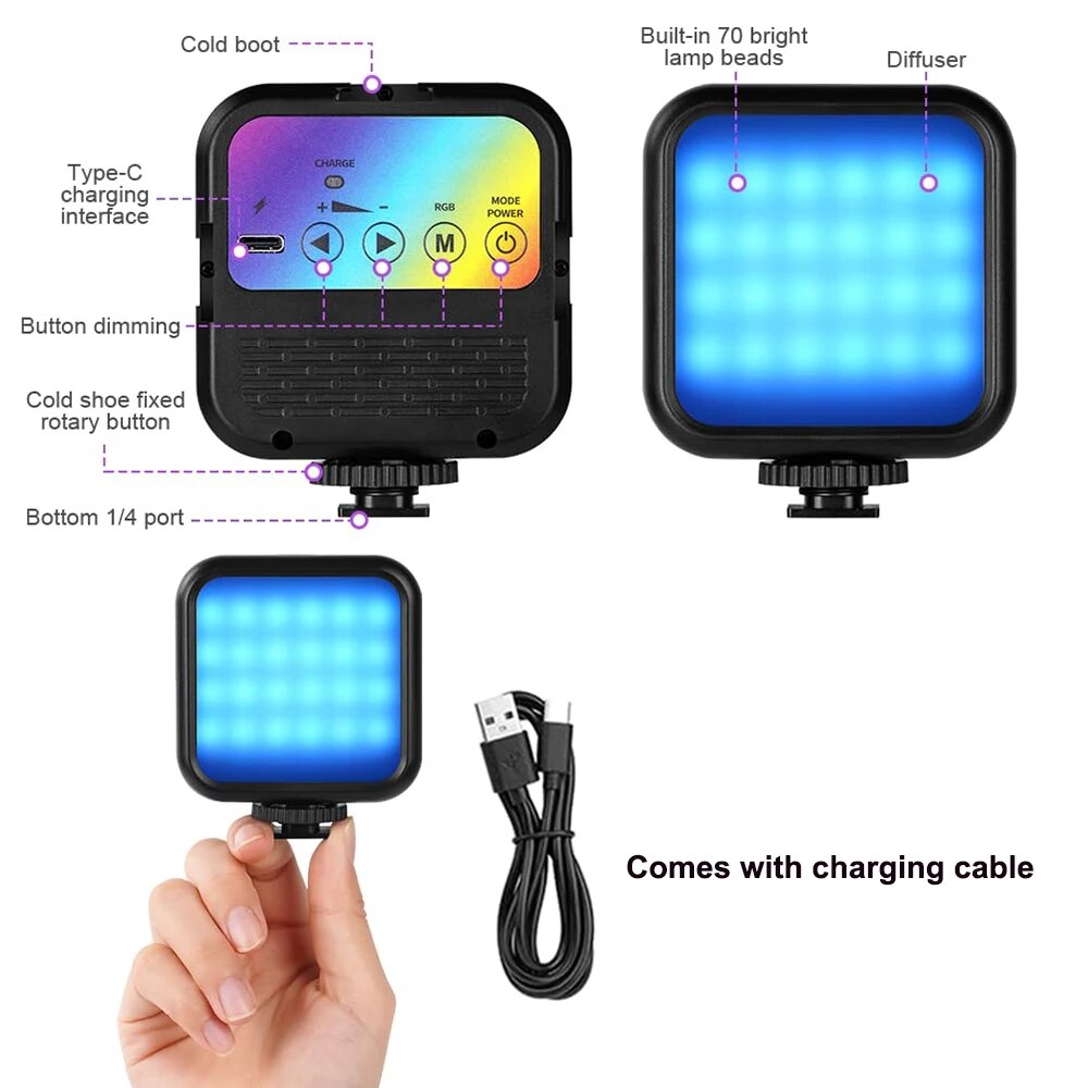Mini RGB LED Square Soft Light Fill Photography for Cameras Mobile Phone Selfie Poles Live Streaming Selfie Vlog Rechargeable. 