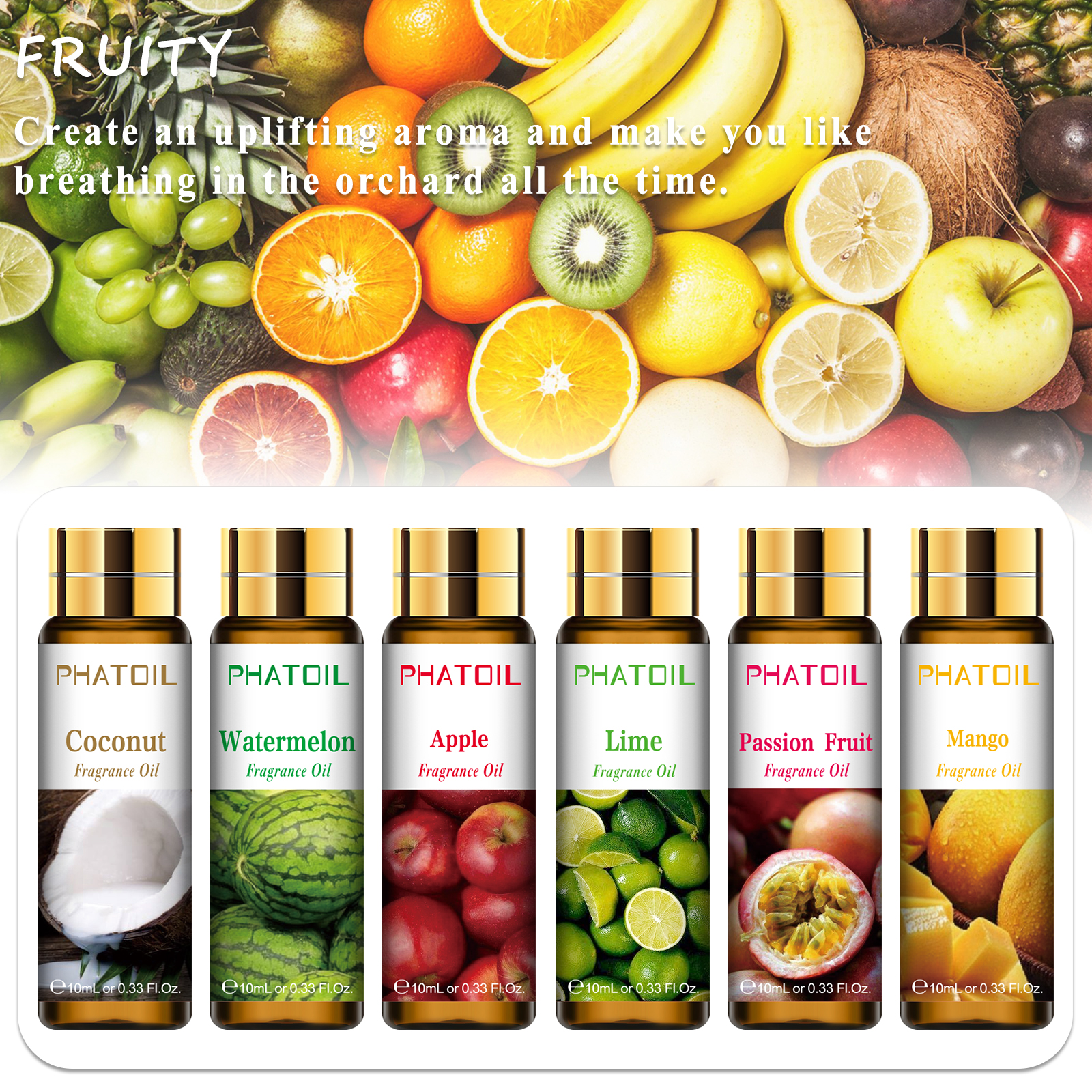 PHATOIL 9pcs Fragrance Oils Set 10ml Lime Mango Strawberry Watermelon Cherry Coconut Pineapple for Candle Soap Making Diffuser. 