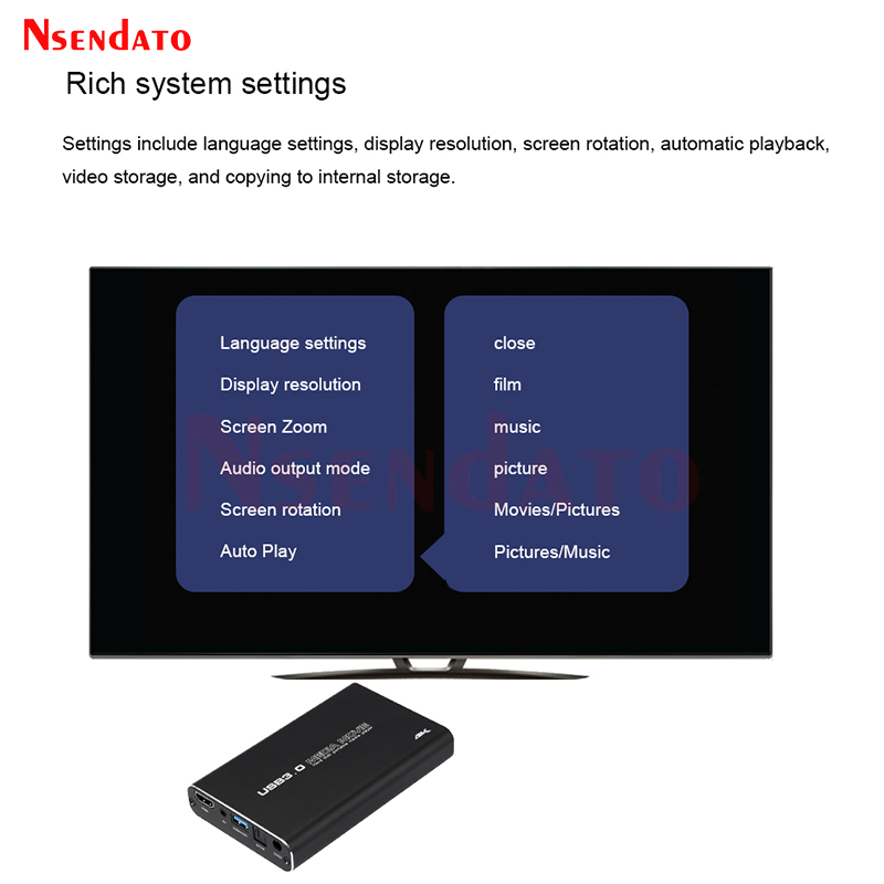 4K Full HD H.265 MKV USD3.0 HDD Media Player Center with Auto Play For USB OTG SD AV TV AVI RMVB RM PPT SPDIF USB Hard Drives. 
